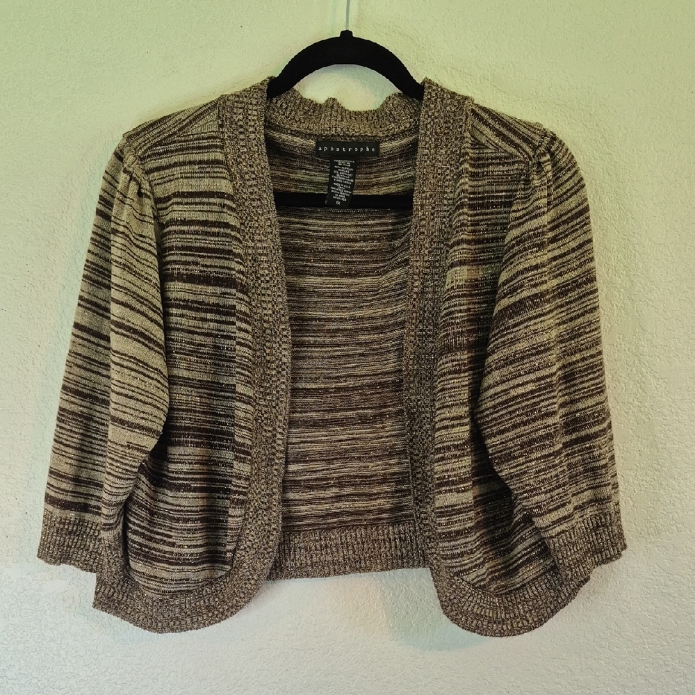 Apostrophe Cozy Knit Open Sweater, Cover Up, Shrug Sparkle Gold Brown Tan Sz 1X